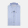 View 1 of product The Turnbull & Asser Blue Mixed Stripe Shirt with T&A Collar and Double Cuffs, ideal for striped shirt enthusiasts, is neatly folded and displayed against a plain white background.