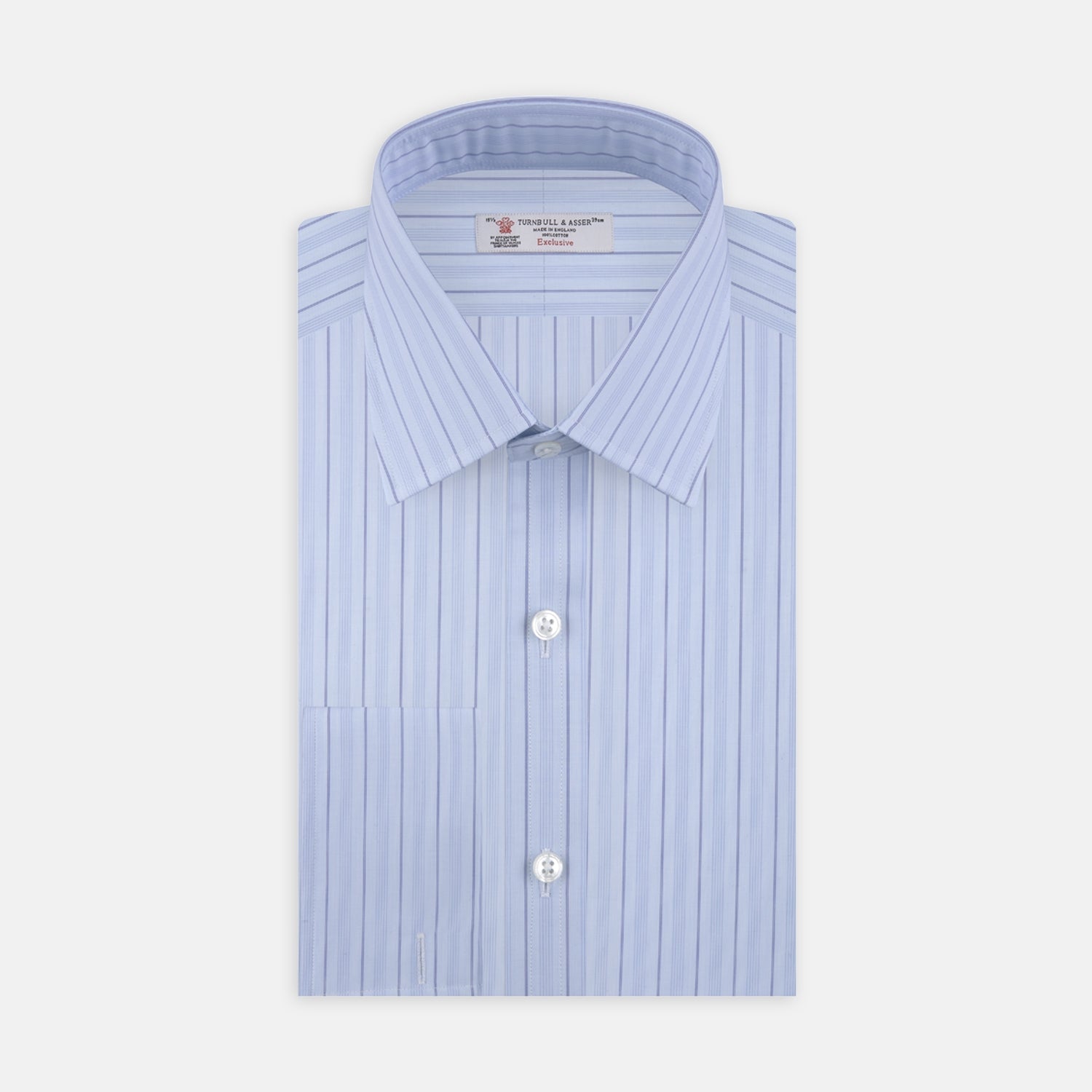 View 1 of product The Turnbull & Asser Blue Mixed Stripe Shirt with T&A Collar and Double Cuffs, ideal for striped shirt enthusiasts, is neatly folded and displayed against a plain white background.