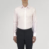 View 2 of product The Turnbull & Asser Pink Hairline Stripe Cotton Shirt features a T&A collar, double cuffs, neat vertical stripes, white buttons, and a chest pocket—perfect for the office. Shown neatly folded on a plain white background.