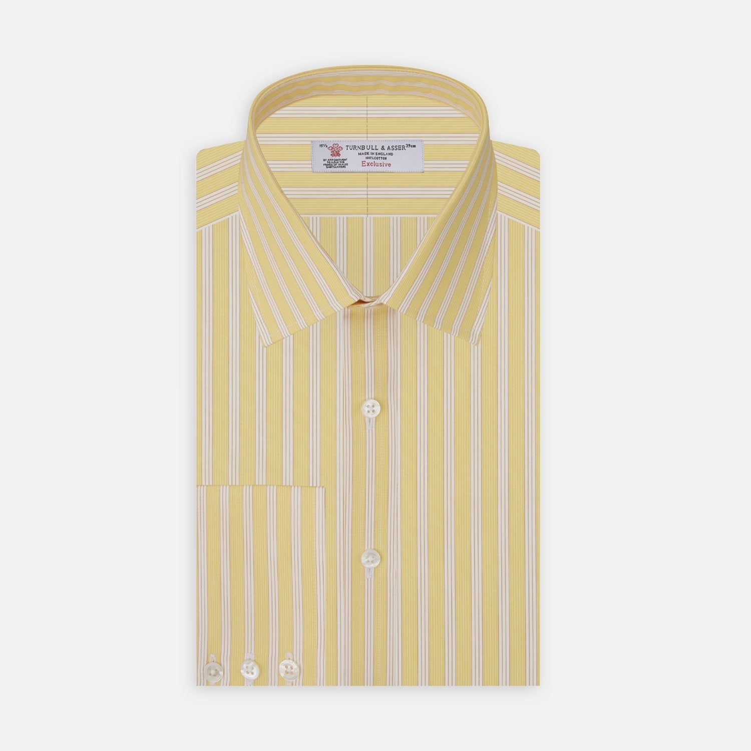 View 2 of product A round image displays Turnbull & Asser's Yellow and White Bold Stripe Cotton Fabric with thin brown lines, bordered by a gray circle on a light gray background.