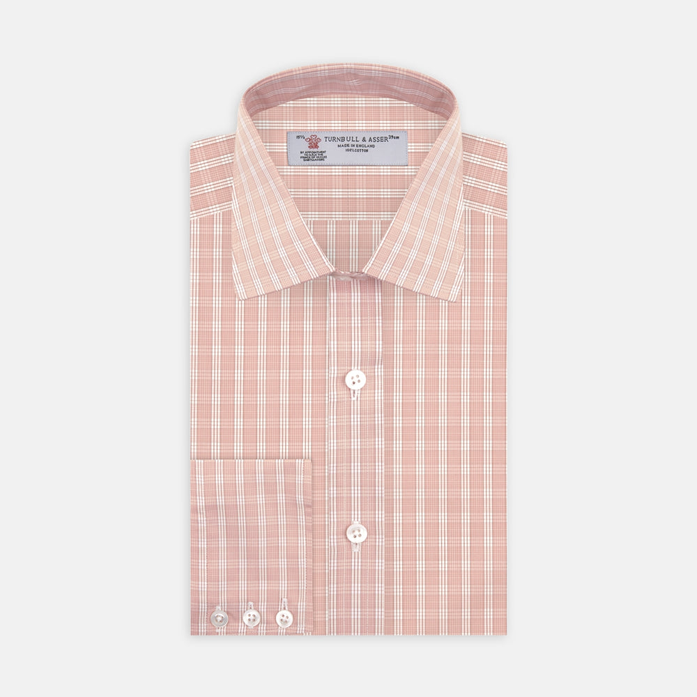 The Turnbull & Asser Pink and White Bold Check Shirt features a T&A collar and 3-button cuffs, displayed folded on a plain white background.