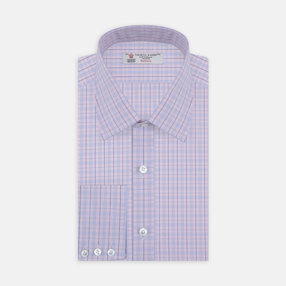 Pink and Blue Windowpane Check Shirt with T&A Collar and 3-Button Cuffs