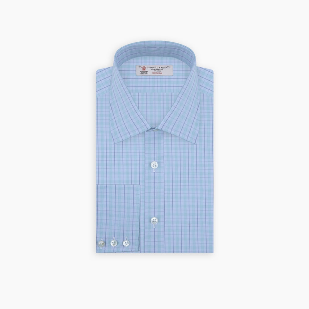Green and Blue Windowpane Check Shirt with T&A Collar and 3-Button Cuffs