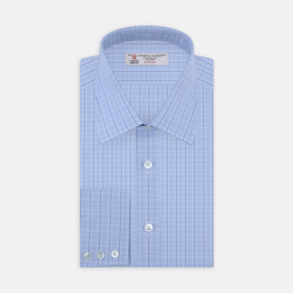 Blue Windowpane Check Shirt with T&A Collar and 3-Button Cuffs