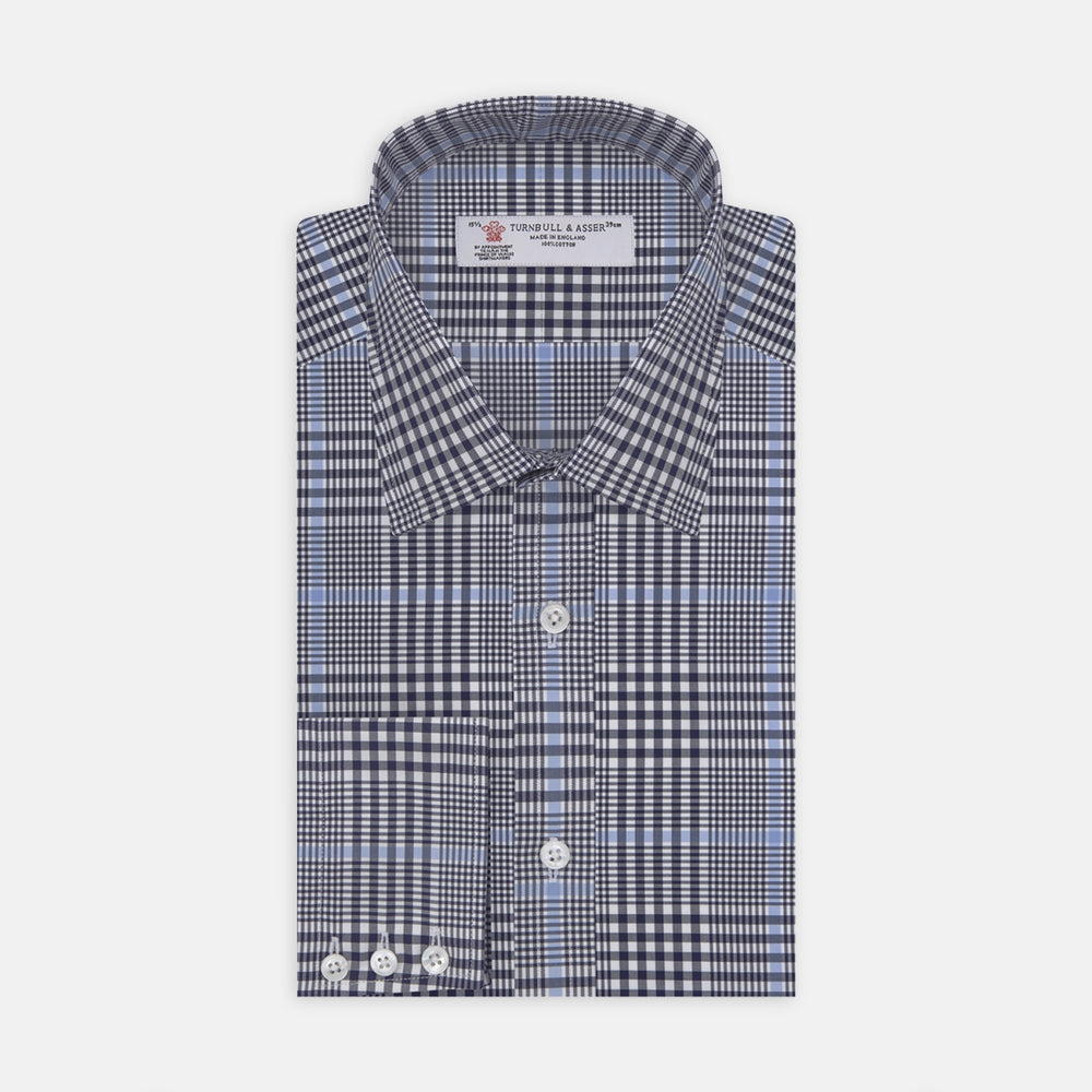 Navy and Light Blue Archive Check Shirt with T&A Collar and 3-Button Cuffs