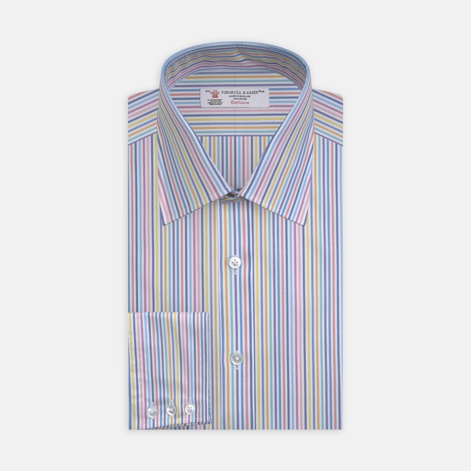 View 2 of product The Multicoloured Graph Stripe Cotton Fabric by Turnbull & Asser features vertical pastel stripes in blue, purple, pink, yellow, and orange with a soft texture on a white background.