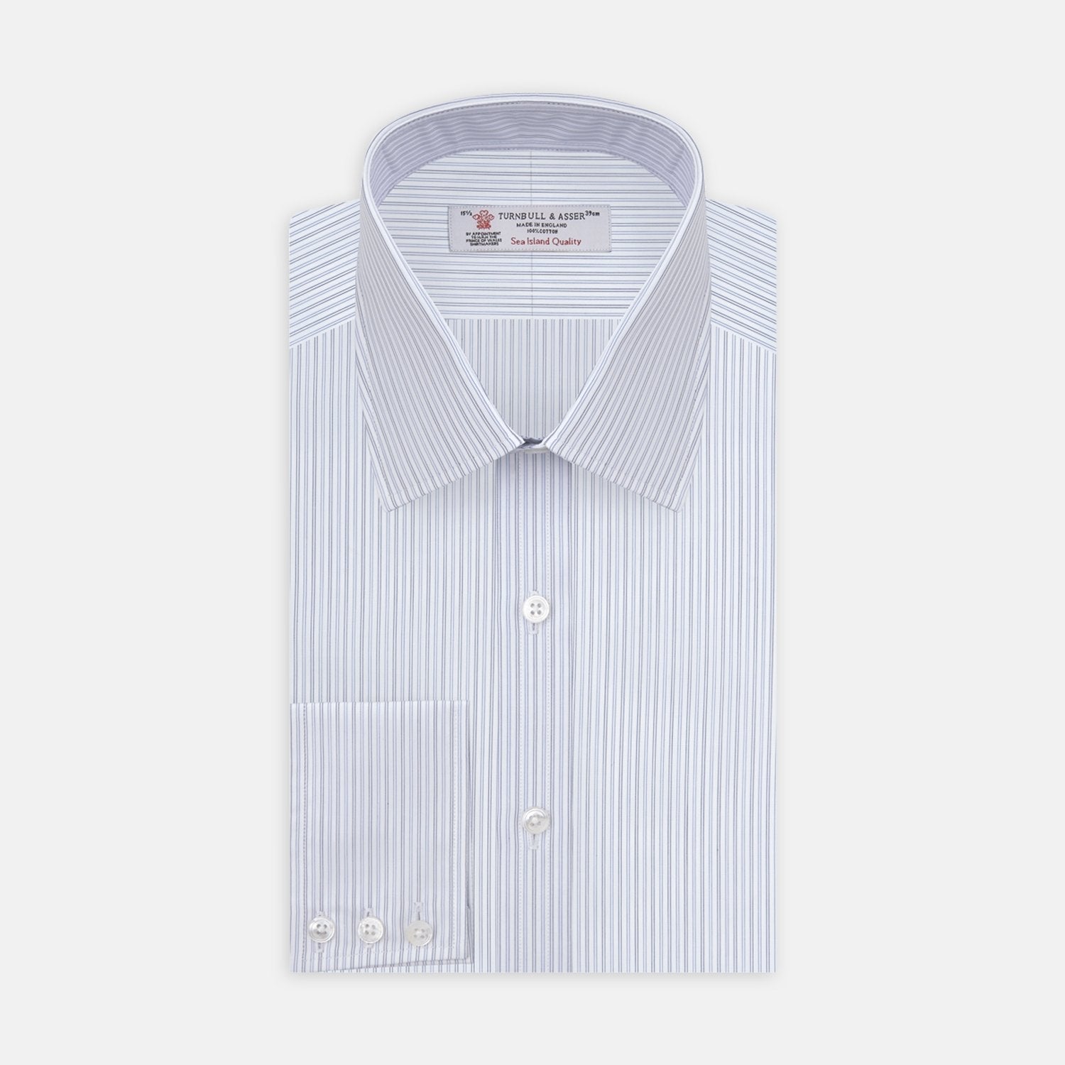 View 2 of product A close-up of Light Blue Double Stripe Sea Island Quality Cotton Fabric by Turnbull & Asser, showing thin vertical stripes within a circular frame on a plain background.