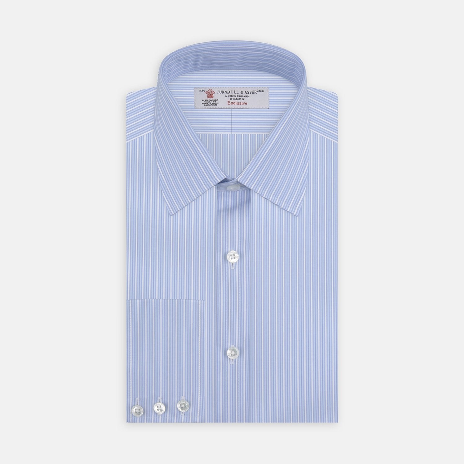 View 2 of product A close-up of Turnbull & Asser’s Light Blue Rich Stripe Cotton Fabric, featuring alternating light blue and white vertical stripes, framed by a circular gray border on a plain white background.