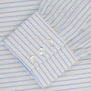 View 2 of product The Turnbull & Asser Yellow and Navy Small Stripe Shirt features a T&A collar, 3-button cuffs, and vertical stripes, laid flat on a white background.