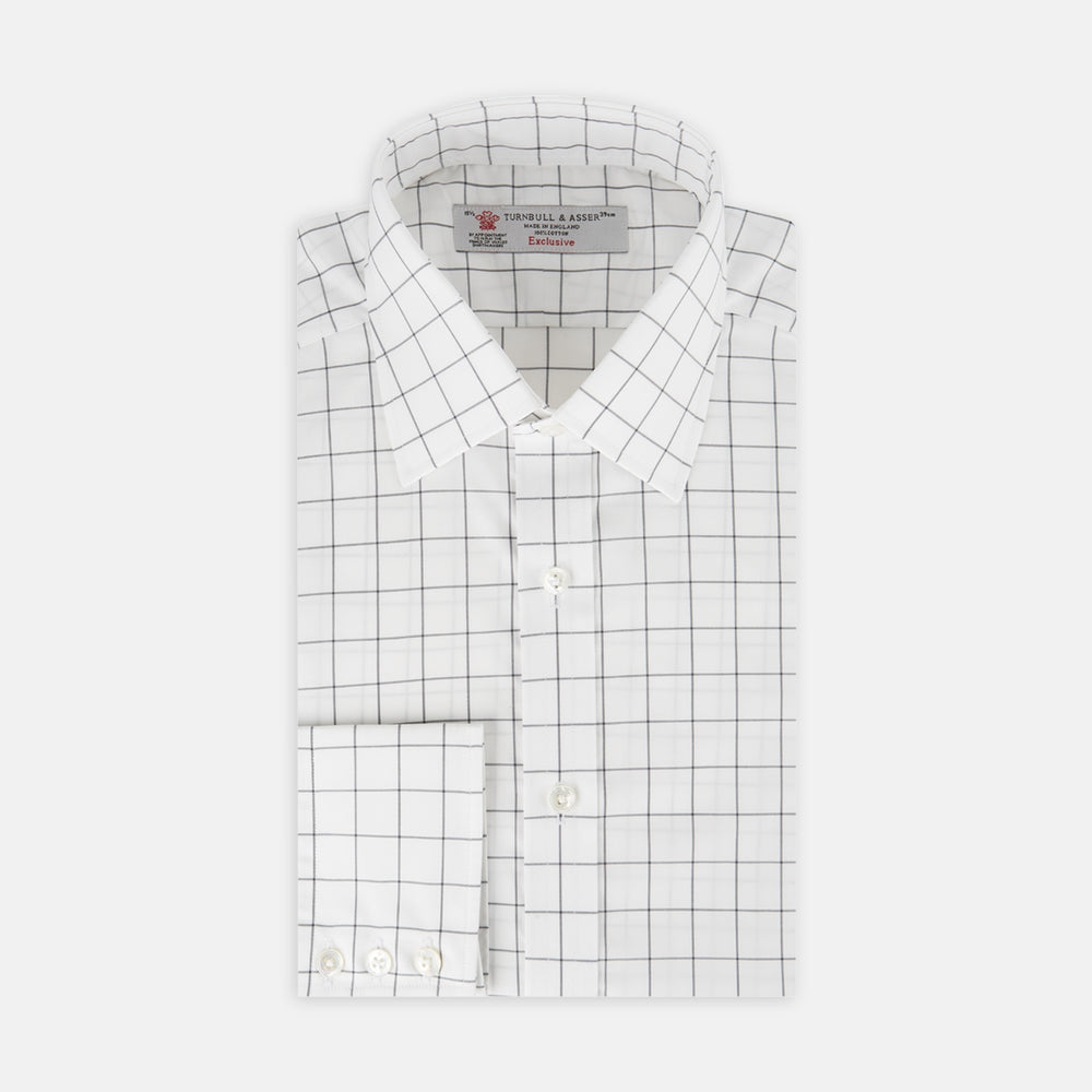 White and Black Wide Check Cotton Shirt with T&A Collar and 3-Button Cuffs