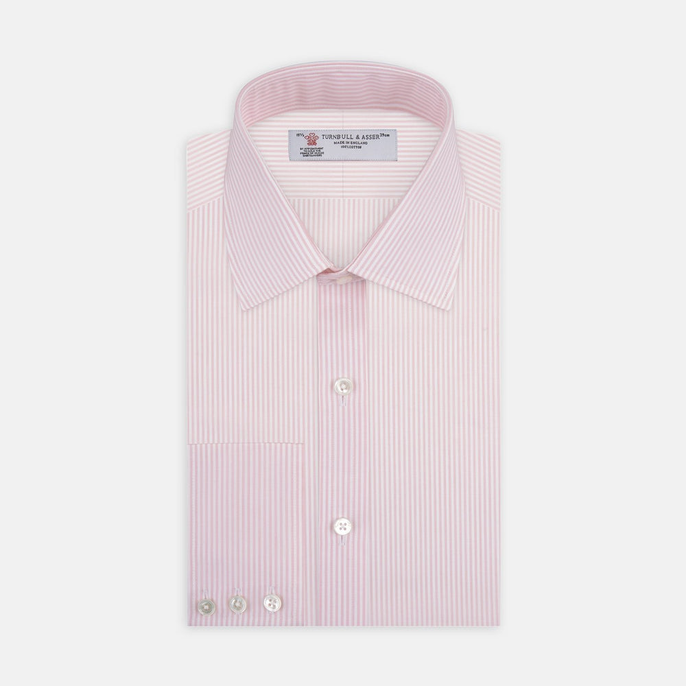 Close-up of Turnbull & Asser Pink and White Stripe Cotton Fabric, featuring textured vertical stripes, displayed in a circular frame on a white background.