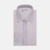 View 1 of product The Turnbull & Asser Red and Blue Ticking Stripe Linen Shirt features a POW collar, 3-button cuffs, white buttons, and a visible brand label inside the collar for timeless style.