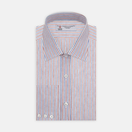 Red and Blue Ticking Stripe Linen Shirt with POW Collar and 3-Button Cuffs