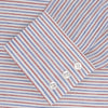 View 2 of product The Turnbull & Asser Red and Blue Ticking Stripe Linen Shirt features a POW collar, 3-button cuffs, white buttons, and a visible brand label inside the collar for timeless style.