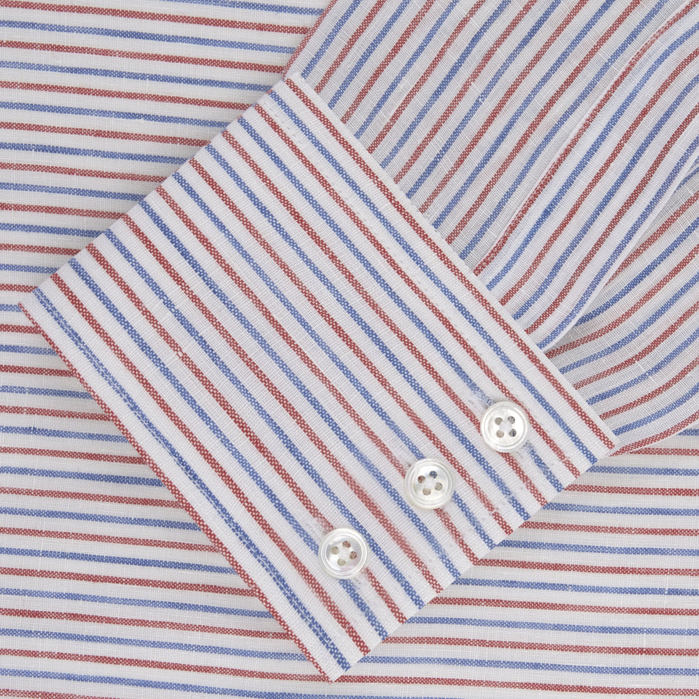 Red and Blue Ticking Stripe Linen Shirt with POW Collar and 3-Button Cuffs