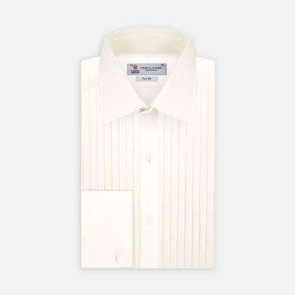 Tailored Fit Cream Pleated Front Silk Dress Shirt with T&A Collar and Double Cuffs