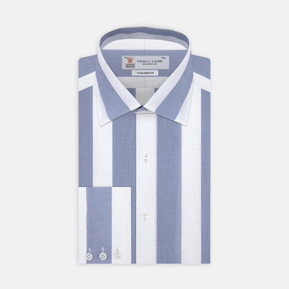 Tailored Fit Blue and White Stripe Linen Shirt with Concealed Button-Down Collar and Button Cuffs