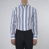 View 2 of product Turnbull & Asser's Tailored Fit Blue and White Stripe Linen Shirt features wide vertical stripes, a concealed button-down collar, and button cuffs—perfect for spring style.