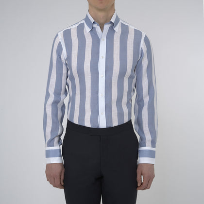 Tailored Fit Blue and White Stripe Linen Shirt with Concealed Button-Down Collar and Button Cuffs