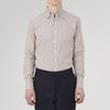 View 2 of product The Turnbull & Asser Tailored Fit Brown Fine Stripe Shirt features a Bury collar, 3-button cuffs, white buttons, and fine brown and white stripes. Made from premium Thomas Mason cotton and shown neatly folded on a plain white background.