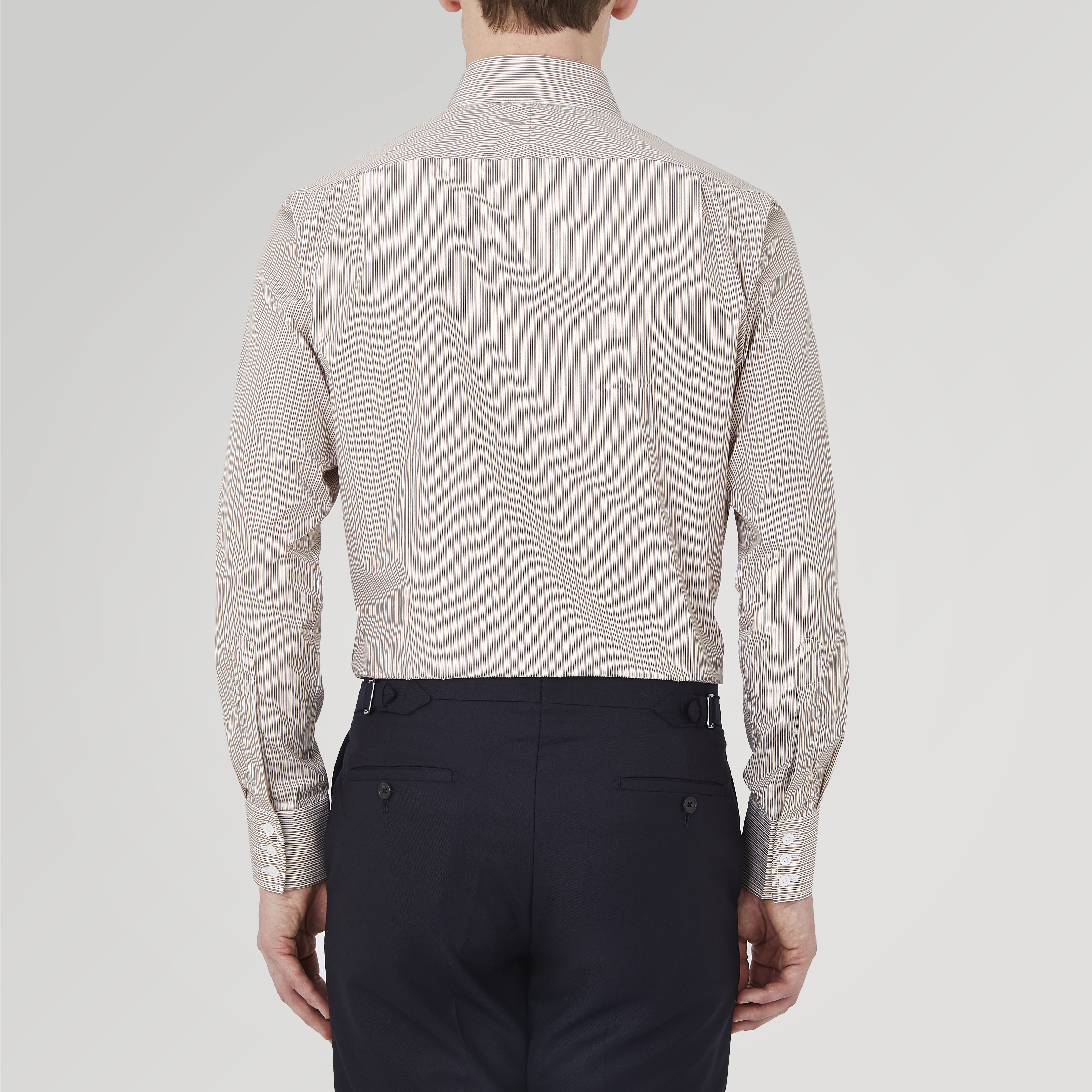Tailored Fit Brown Fine Stripe Shirt with Bury Collar and 3-Button Cuffs