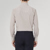 View 3 of product The Turnbull & Asser Tailored Fit Brown Fine Stripe Shirt features a Bury collar, 3-button cuffs, white buttons, and fine brown and white stripes. Made from premium Thomas Mason cotton and shown neatly folded on a plain white background.