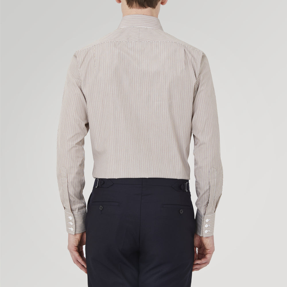 Tailored Fit Brown Fine Stripe Shirt with Bury Collar and 3-Button Cuffs