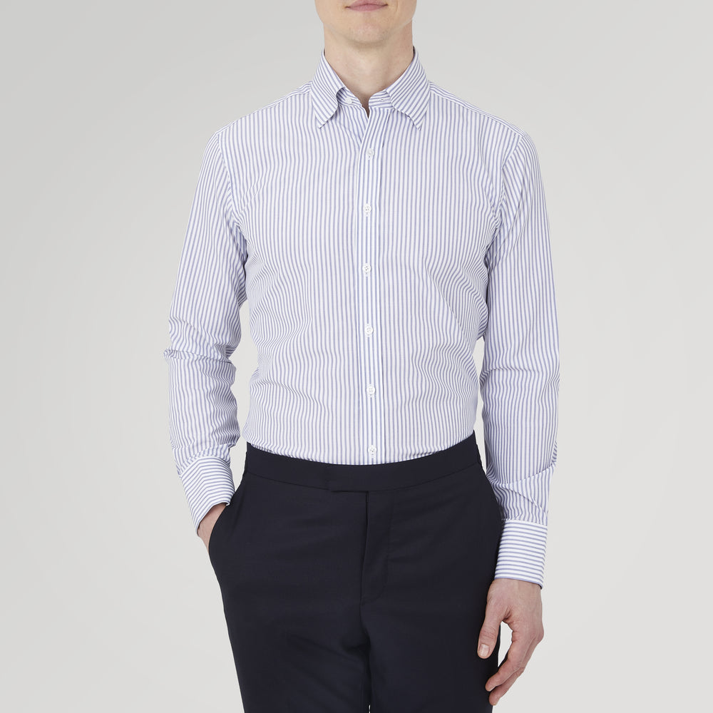 The Turnbull & Asser Tailored Fit Blue and White Stripe Sea Island Quality Cotton Shirt features a Bury collar and 3-button cuffs, neatly folded with white buttons, shown on a plain white background.