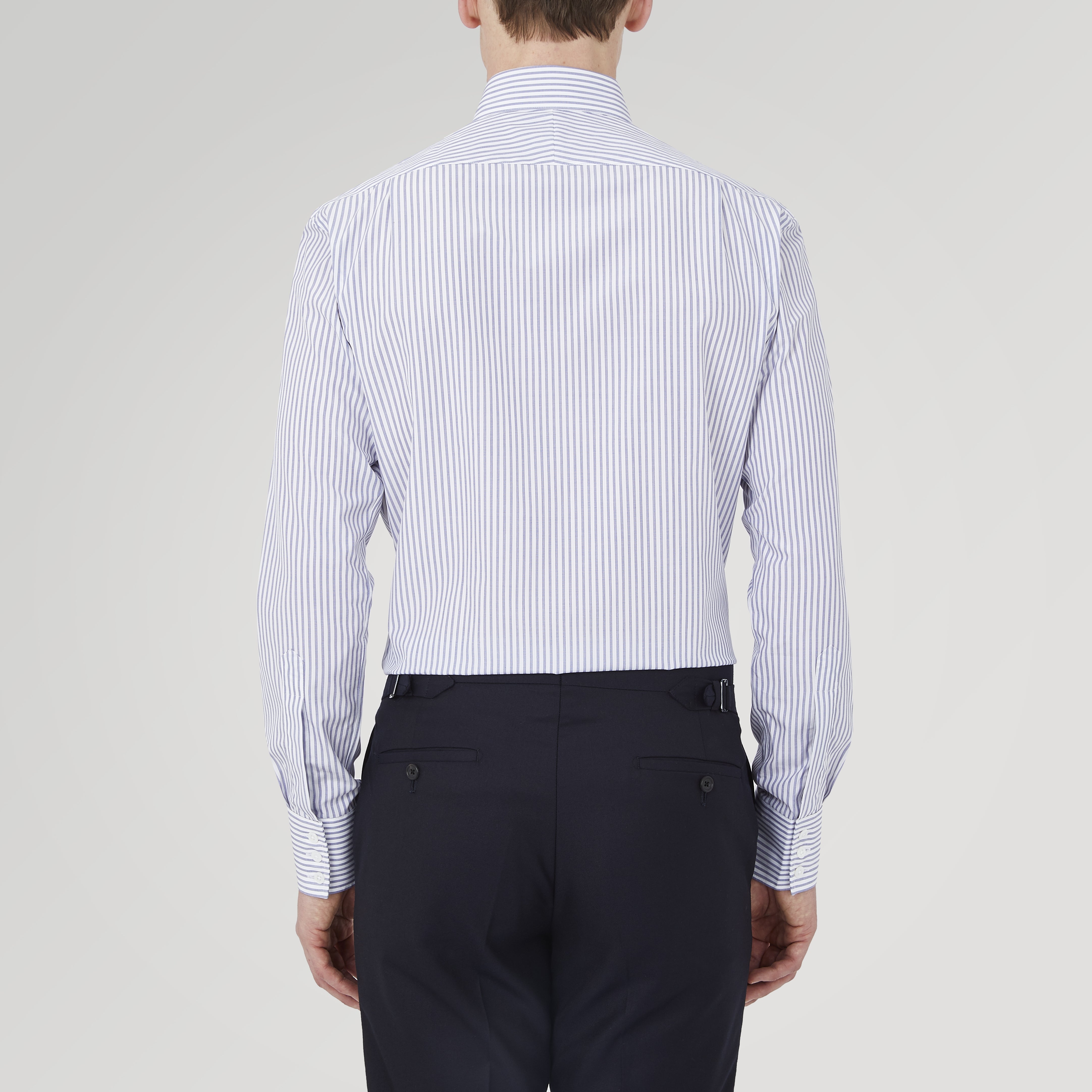 Tailored Fit Blue and White Stripe Sea Island Quality Cotton Shirt with Bury Collar and 3-Button Cuffs