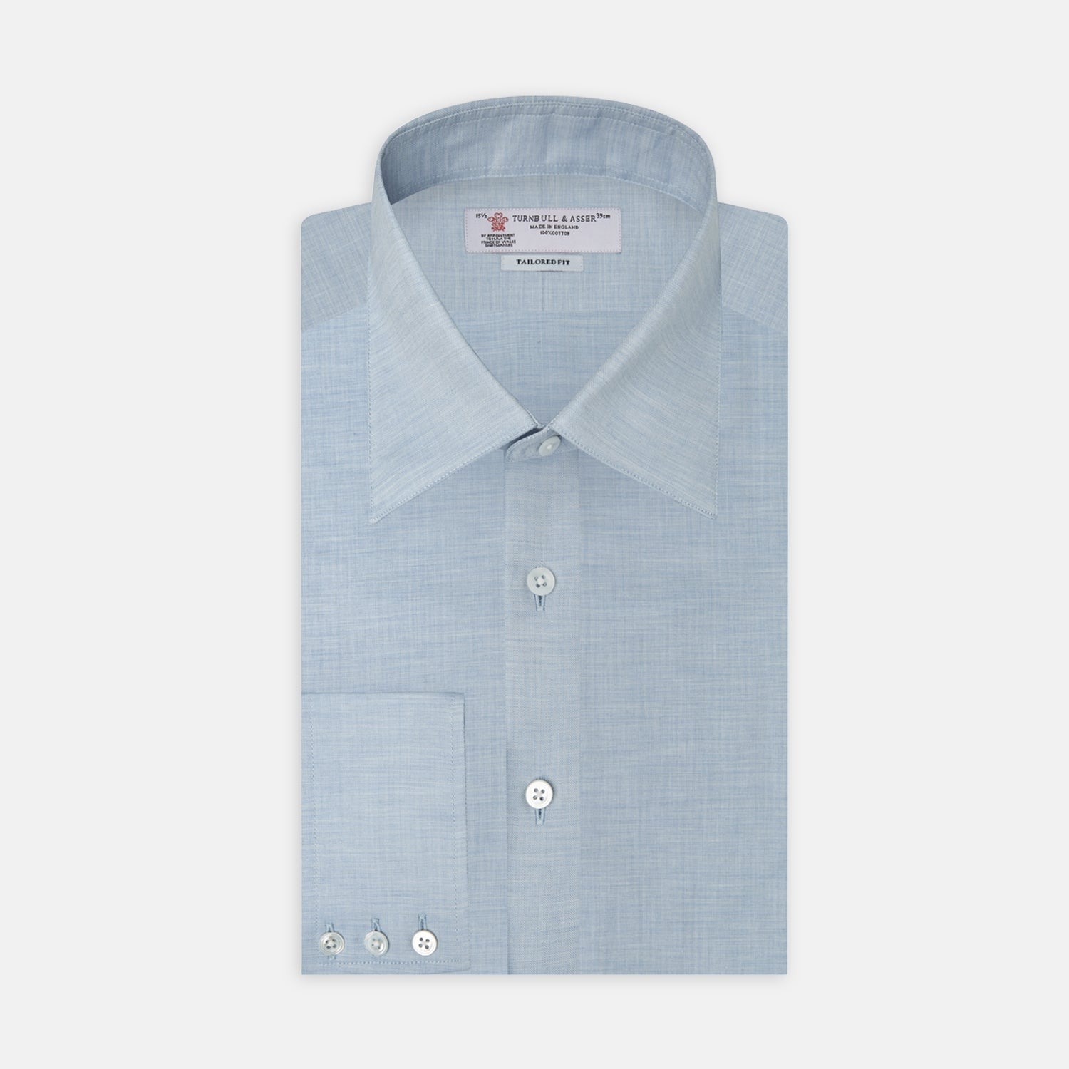 View 1 of product A neatly folded Tailored Fit Light Blue Flannel Shirt by Turnbull & Asser with a Bury collar and 3-button cuffs, displayed on a plain white background, features an inner collar label.