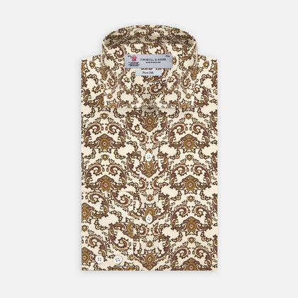 Tailored Fit Cream Jagger Print Silk Shirt with Kent Collar and 2-Button Cuffs