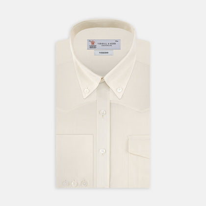 Weekend Fit Cream Herringbone Western Shirt with Norfolk Collar and Button Cuffs