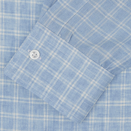 Weekend Fit Blue Plaid Linen Shirt with Derby Collar and 1-Button Cuffs