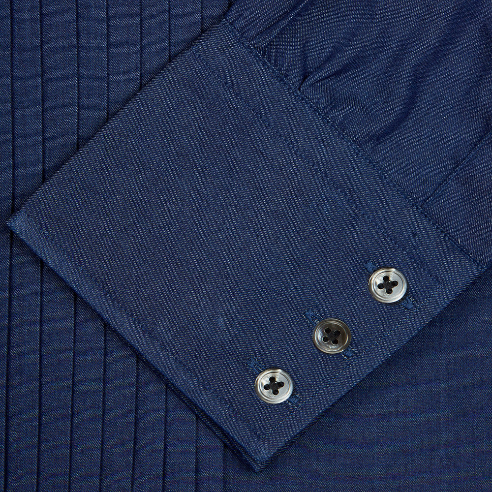 Dark Blue Denim-Cashmere Dress Shirt with T&A Collar and 3-Button Cuffs