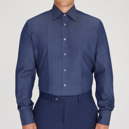 Dark Blue Denim-Cashmere Dress Shirt with T&A Collar and 3-Button Cuffs