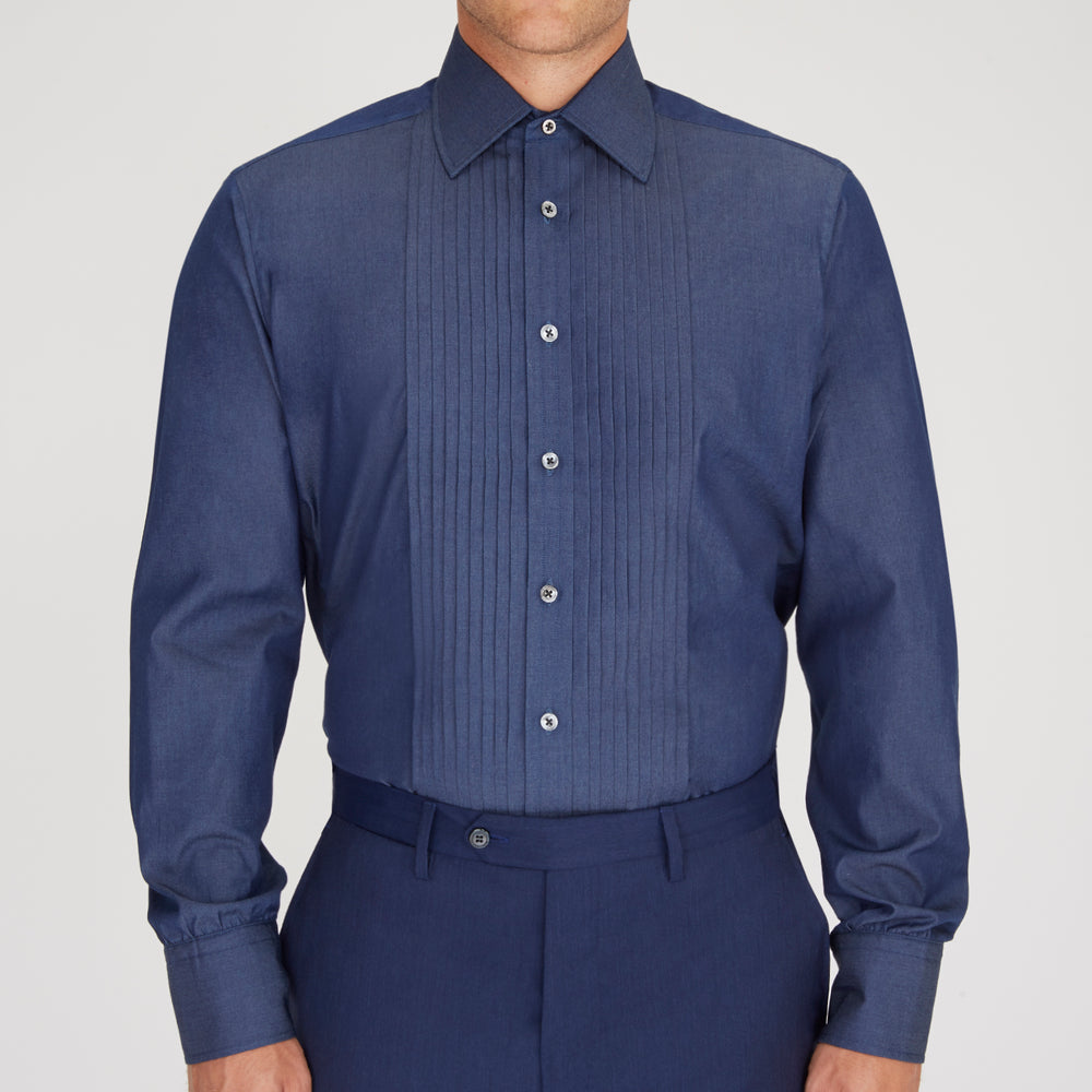 Dark Blue Denim-Cashmere Dress Shirt with T&A Collar and 3-Button Cuffs