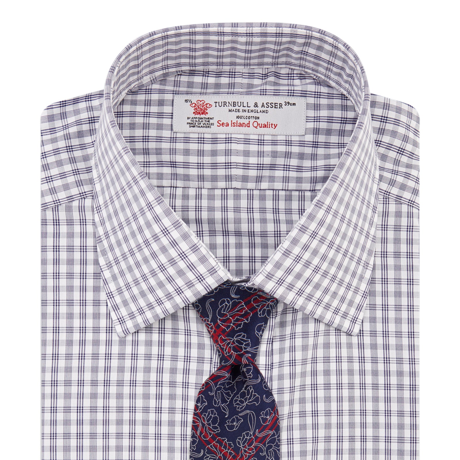 Navy and White Multi Check Sea Island Quality Cotton Shirt with Classic T&A Collar