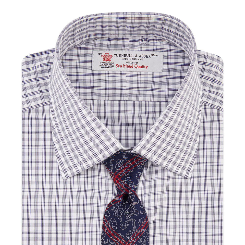 Navy and White Multi Check Sea Island Quality Cotton Shirt with Classic T&A Collar