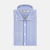 View 1 of product The Turnbull & Asser Blue and White Candy Stripe Shirt features a Regent collar, double cuffs, and white buttons, neatly folded against a plain white background.