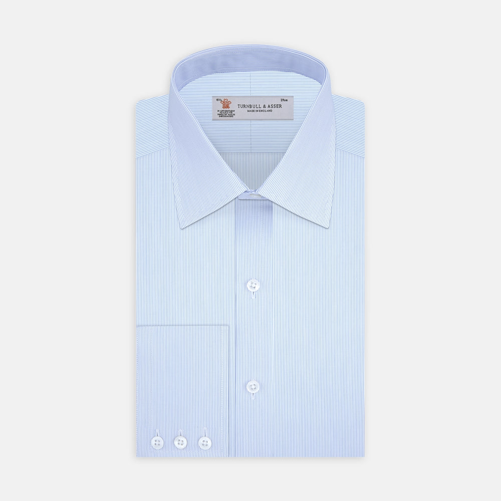 The Turnbull & Asser Blue Hairline Stripe Shirt features a T&A collar and 3-button cuffs, neatly folded with white buttons, shown on a plain white background—ideal as an office shirt.
