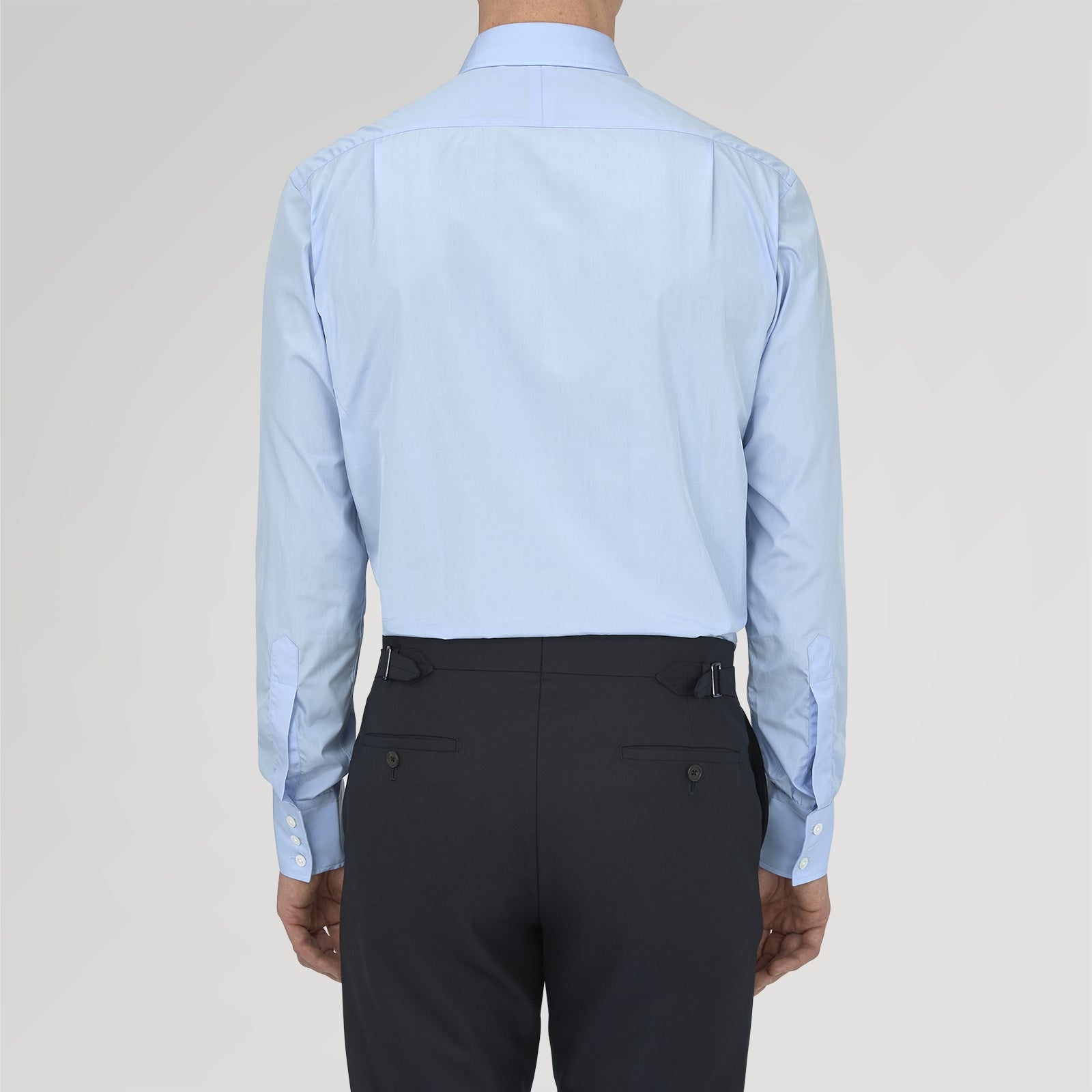 View 3 of product The Turnbull & Asser Two-Fold 200 Blue Cotton Shirt features a T&A collar, 3-button cuffs, and white buttons—a refined men's dress shirt displayed on a plain white background.