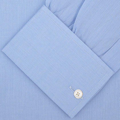 Light Blue Herringbone Superfine Cotton Shirt with T&A Collar and Double Cuffs