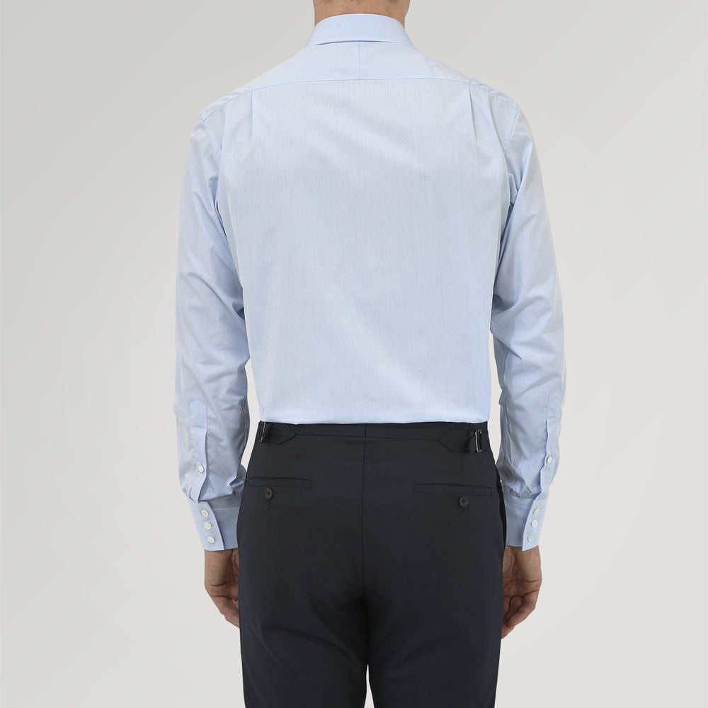 The Turnbull & Asser Blue West Indian Sea Island Cotton Shirt features a T&A collar, 3-button cuffs, white buttons, a front chest pocket, and a monogrammed label inside the collar.