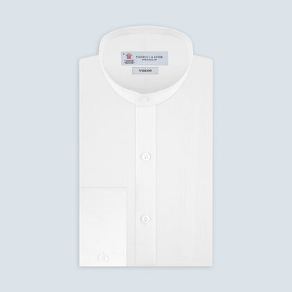 Weekend Fit Cream Linen Shirt with Stand Collar and 1-Button Cuff