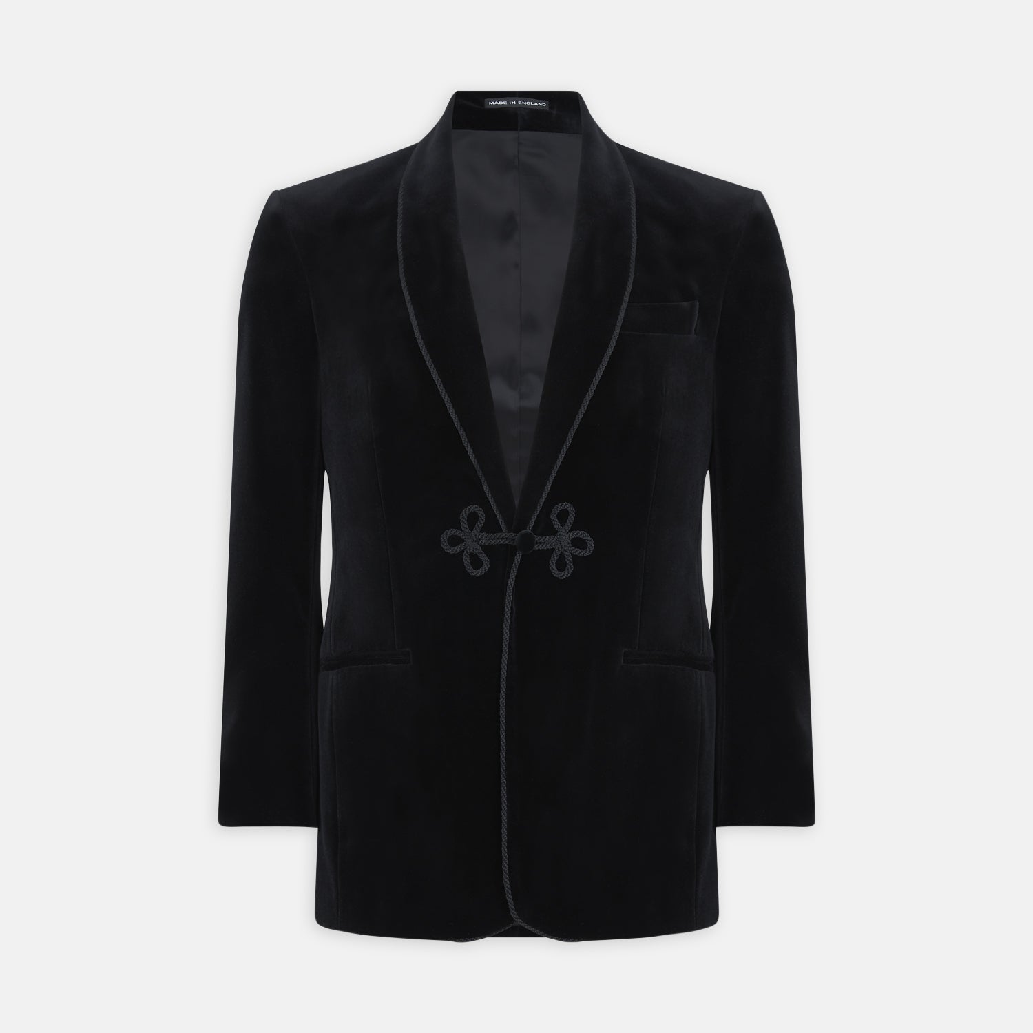 View 1 of product The Turnbull & Asser Black Single Breasted Velvet Smoking Jacket features a shawl collar, satin lining, two front pockets, and a knotted closure—ideal for stylish eveningwear.