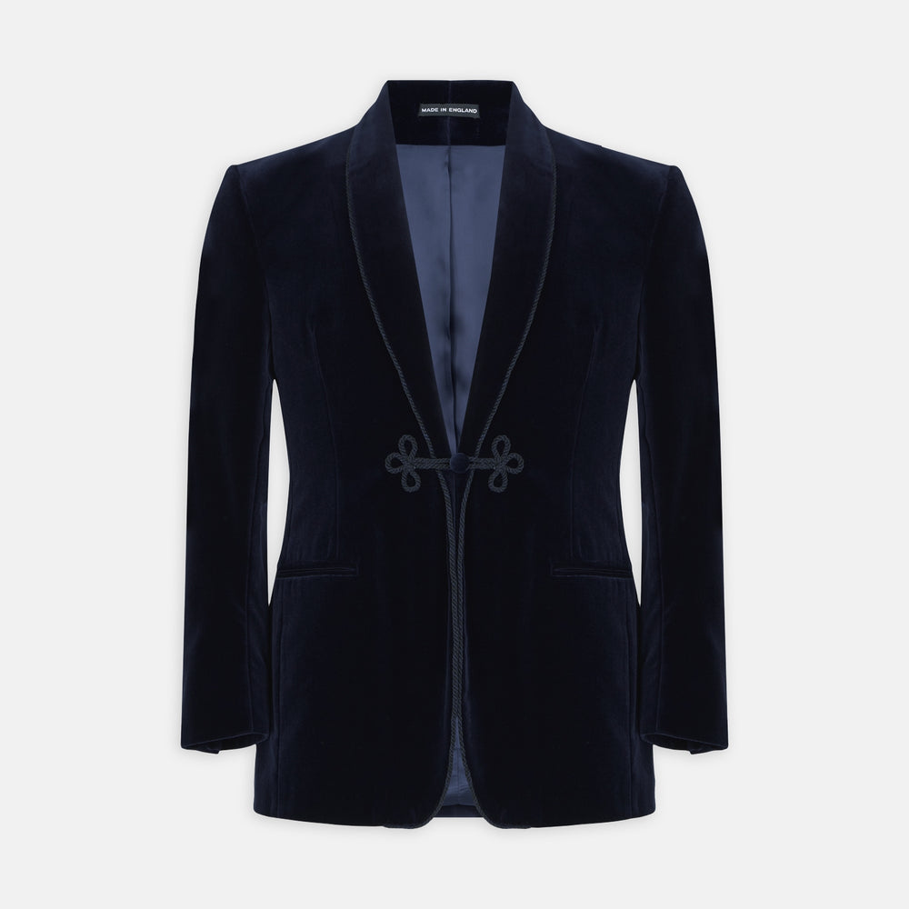 Turnbull & Asser's MSMJ004-ZCS002 "Fergus" velvet smoking jacket in navy features a shawl collar, single decorative knot closure, and two front pockets, shown against a white background.
