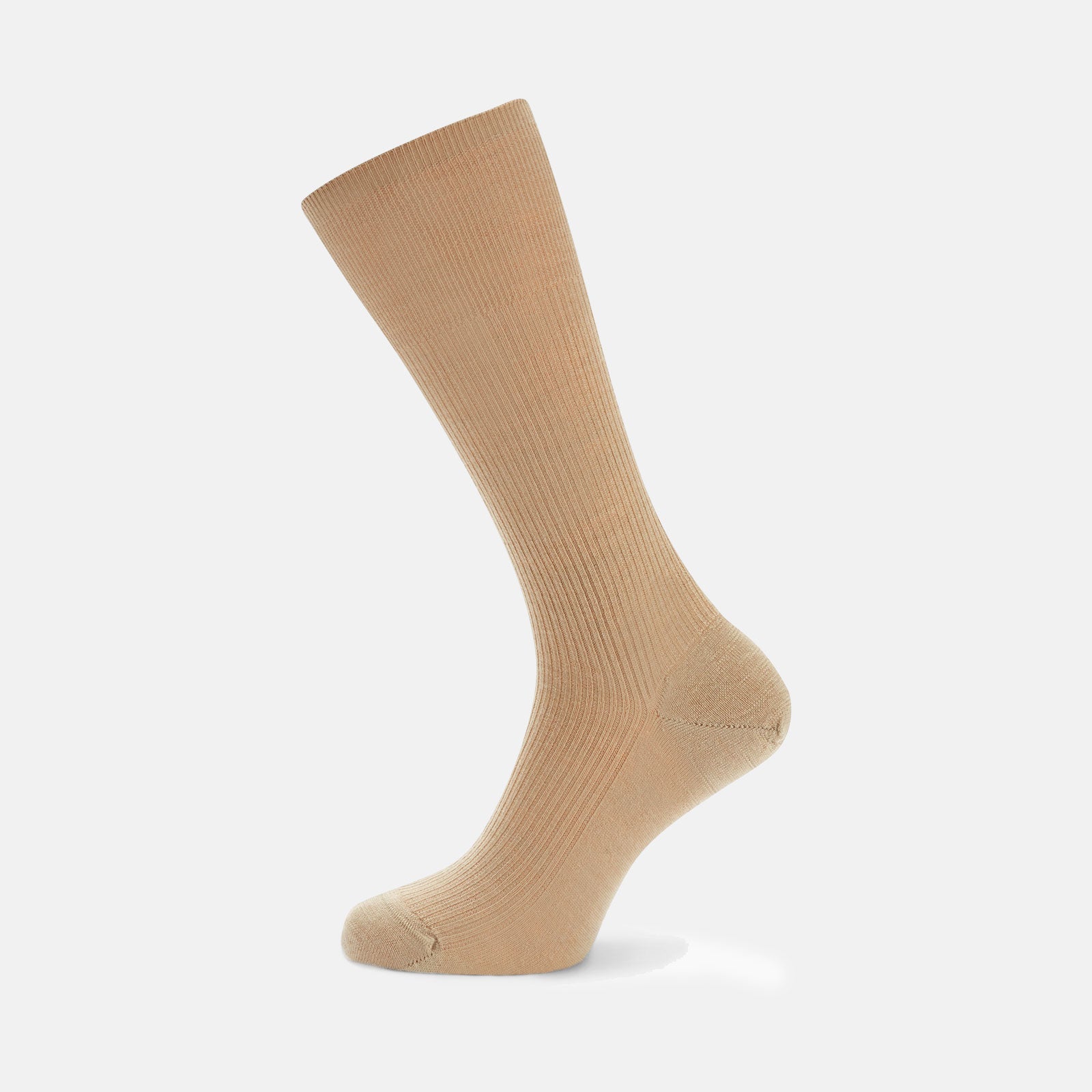 View 1 of product An Ecru Mid-Length Merino Wool Sock by Turnbull & Asser stands upright on a light gray background, showing both the heel and toe.