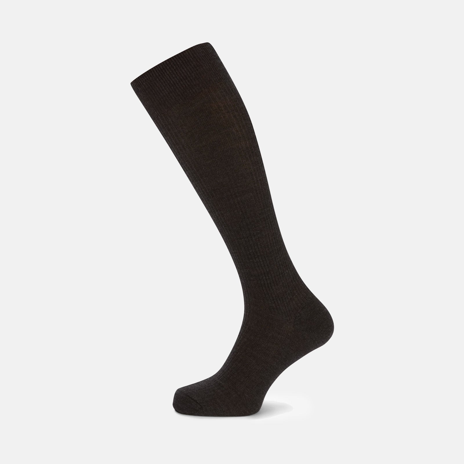 View 1 of product A single Charcoal Long Merino Wool Sock by Turnbull & Asser is shown upright on a white background. Featuring a ribbed texture and snug fit, these luxury men's socks blend style with comfort.
