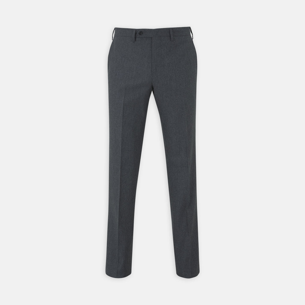 The Turnbull & Asser Charcoal Flannel Trousers feature a tailored fit, button and zipper closure, front pockets, and belt loops, crafted from fine Italian wool flannel and displayed flat on a white background.