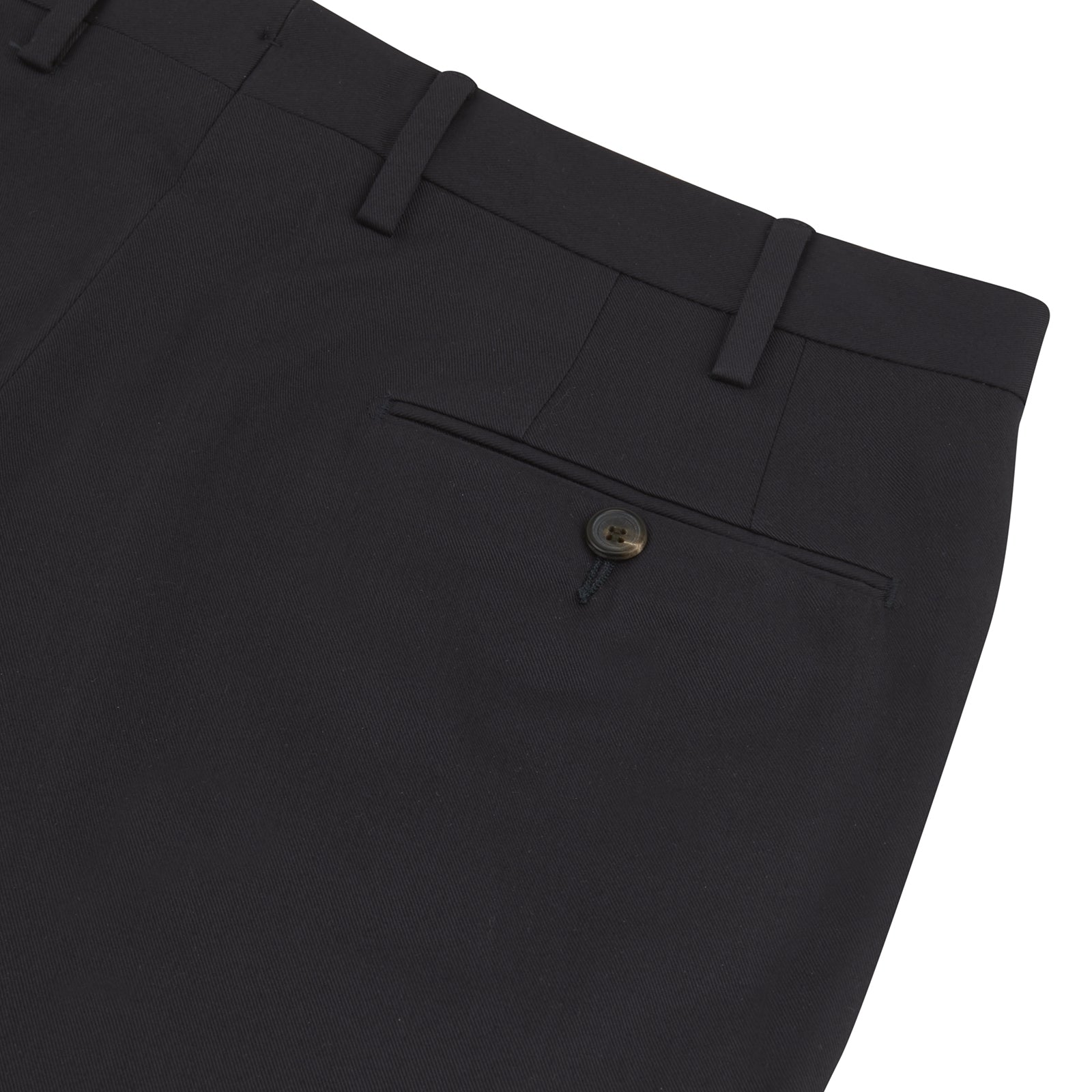 View 2 of product Turnbull & Asser Navy Cotton Trousers showcase a classic straight-leg cut in premium Italian cotton twill, with a front zipper and button closure, displayed against a plain white background.